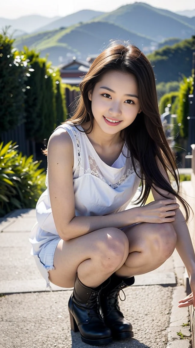 (1 Korean Girl)、top-quality、​masterpiece、超A high resolution、(Photorealsitic:1.4)、Raw photo、glowy skin、(garden background)、Precipitous cliffs、(Small LED)、((super realistic details))、portlate、globalillumination、Shadow、8K、ultrasharp、、Raw skin is exposed in cleavage, (nsfw:1.4), (naked:1.4), (spread leg pose:1.4), ((hairy pussy))