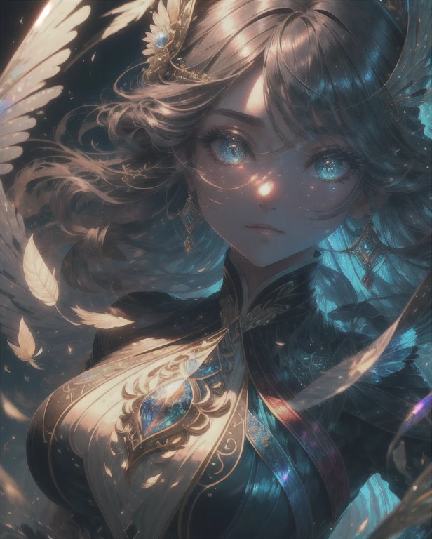 (((masterpiece))), (((Highest quality))), ((Super detailed)),(Highly detailed CG illustrations), ((Very delicate and beautiful)),Cinematic Light, 現在流行しているGenreの巨匠のスタイルを模倣した、Create stunning fantasy artwork。. In the works of art、It contains elements of both mythical and fairy-tale fantasy.、Must have colorful accents。. The characters in this work are、A delicate yet powerful character who exudes an aura of mystery and magic.。. Characters should have modest breasts. Pay close attention to complex facial features, Create captivating eyes with vibrant colors and subtle shadows. Character clothing should be designed with thin feathers, silk, Beautiful embroidery, Subtle iridescent details. Incorporate vibrant colors, Dynamic Lighting, Detailed background elements that create awe and immersion. Draw colorful magical birds and jewel-like butterflies that radiate a magical aura. Considering the latest trends in fantasy art, Unique lighting effects, Exploring dynamic and engaging compositional techniques, Try out unique color palettes. Get inspired by top artists from ArtStation and Midjourney. camera: Highlight the beauty of the characters、Choose an angle that enhances the magical majesty of your artwork。. Lighting: Utilize atmospheric lighting techniques to create depth and atmosphere. solve: Aim for high-resolution artwork for exquisite detail and clarity. Art inspiration: Get inspired by popular artists with ArtStation, Explore different styles, Genre, theme.