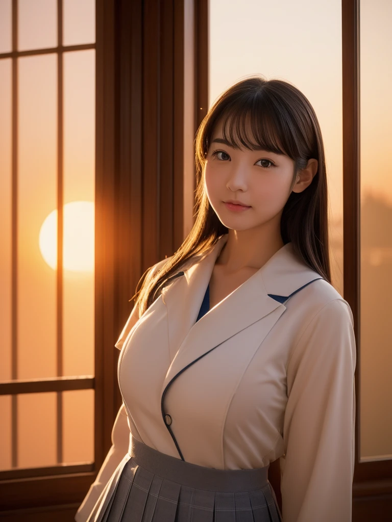 (masterpiece、high resolution、high quality)、(Japanese 、Adult face、beautiful)、(Perfect and complete anatomy、ふっくらとしたbeautiful手足、Perfect Physiology)、(((Japan Girls' Uniform)))、Beaver、Dark gray hair、Clear Eyes、kind、Unclear、(((Huge boobs)))、beautiful足、classroom、Sunset glow、Sunset from the window、Striking an attractive pose、Teasing cuteness、「Come here」What girls say、30 years old、