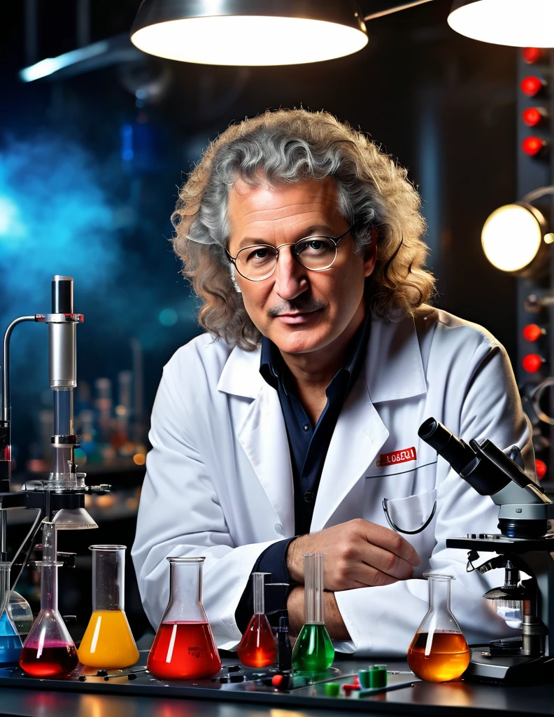 Brian May hosting a science show on TV with detailed chemistry props. Studio lighting, high-quality camera, and a futuristic background. Brian is wearing a lab coat and holding a beaker filled with colorful liquids. There are various chemistry equipment and tools on the table, including test tubes, flasks, and a Bunsen burner. The overall atmosphere is futuristic and high-tech, with a subtle glow effect on the equipment, ultra realistic, masterpiece professional photograph, Annie Leibovitz style, Hasseblad camera, shallow depth of field
