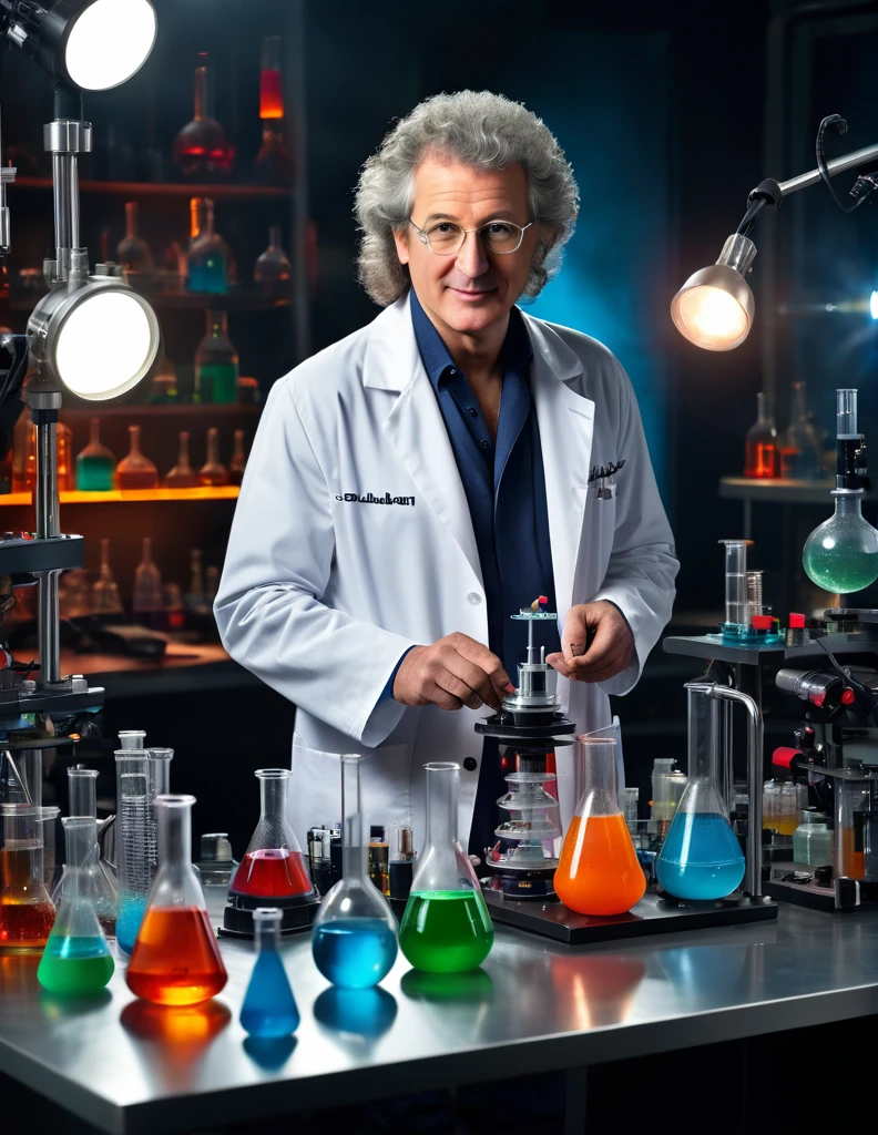 Brian May hosting a science show on TV with detailed chemistry props. Studio lighting, high-quality camera, and a futuristic background. Brian is wearing a lab coat and holding a beaker filled with colorful liquids. There are various chemistry equipment and tools on the table, including test tubes, flasks, and a Bunsen burner. The overall atmosphere is futuristic and high-tech, with a subtle glow effect on the equipment, ultra realistic, masterpiece professional photograph, Annie Leibovitz style, Hasseblad camera, shallow depth of field
