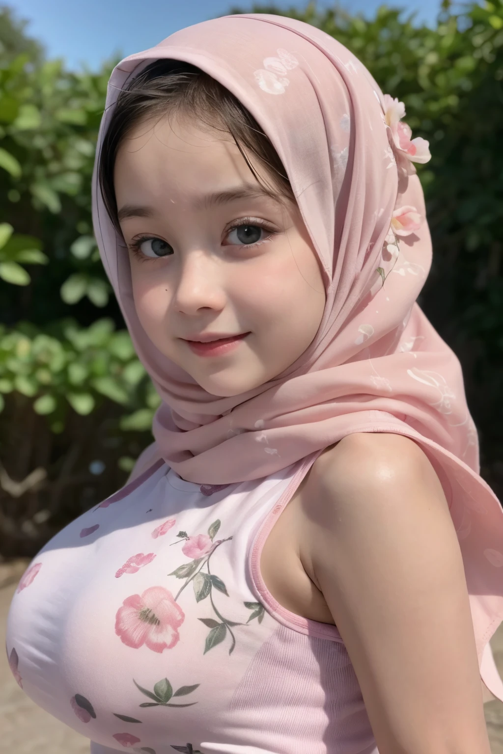 (Singlet), Chubby adorable, 1 girl, (face to face), , baby face, hf body portrait, (face details: 1), (eye details: 1), ((big breasts)). wearing transparent transparency soft long shirt, hijab, .. Cute posed. proportional body. Ultra High Res. realistic: 1.4, UHD, (floral pattern), view from side seductive pose
