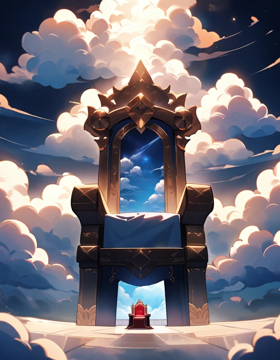 Throne made by cloud formation , in the sky , front perspective , throne is literally made of clouds , divine seat