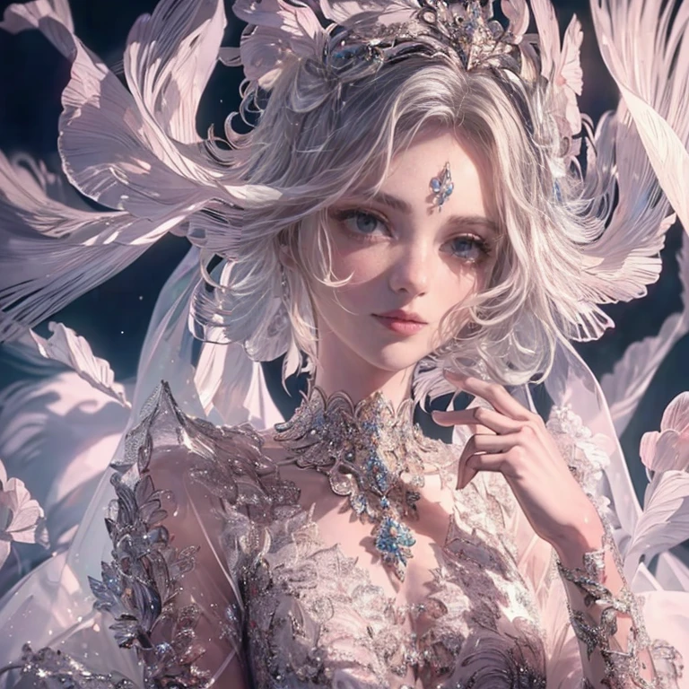 (best quality,8K,CG,beautiful,detailed upper body,lonely,thumb girl,taffeta court dress,flower background,detailed facial features,long flowing hair,almond-shaped eyes,intricate eye makeup,fluttering long eyelashes,blinking big eyes and starry gaze,exquisite lip details,soft and harmonious style)