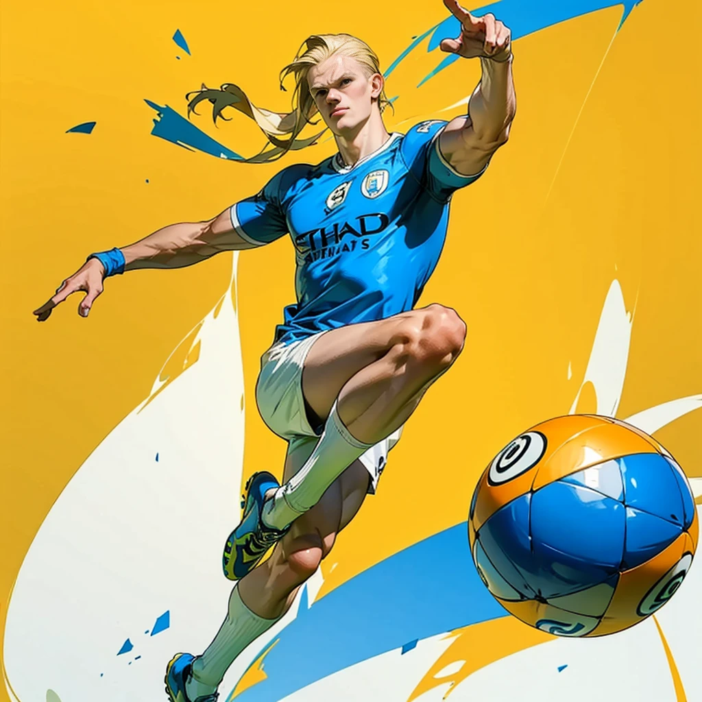 Random evolution, (1man), (full body version), tall man, muscle, Masculine, (his face scowls), albino skins, sport, football player, 1ball, (Blonde colored hair, Long Straight hairstyle, narrow eyes, hazel eyes), Manchester City blue t-shirt, White shorts, white socks, Grassroots, There's a ball, ((his pose is bicycle kick)), (((his foot right are on fire))), (((His right leg was burned))), (full background, football stadium background)