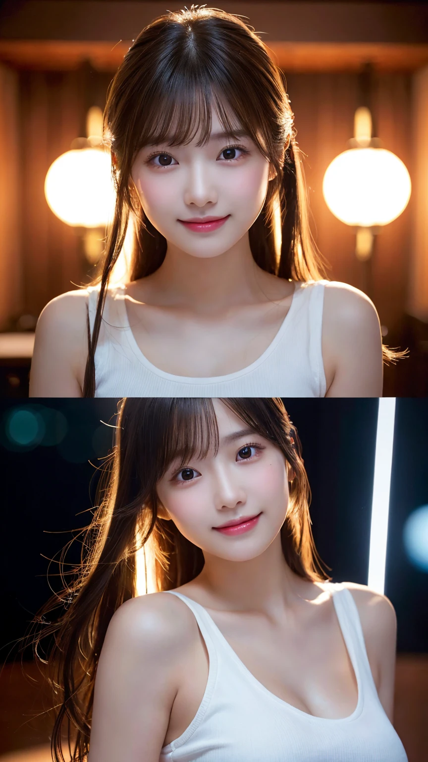 20-year-old girl,Japanese,Huge breasts, 1 girl per photo, Full Body Shot, View from the front, Japanese, cute girl, Luxurious appearance, Very cute face, The best smile,Glossy Lips, Sweaty body, Double eyelids on both eyes, Natural Makeup, Shiny and smooth light brown long hair, Asymmetrical bangs, Sunburned skin, Center image, 8K resolution, High detail, Detailed hairstyle, Detailed face, Great cinema lighting, Octane Rendering, Vibrant, Surreal, Perfect limbs, Perfect Anatomy