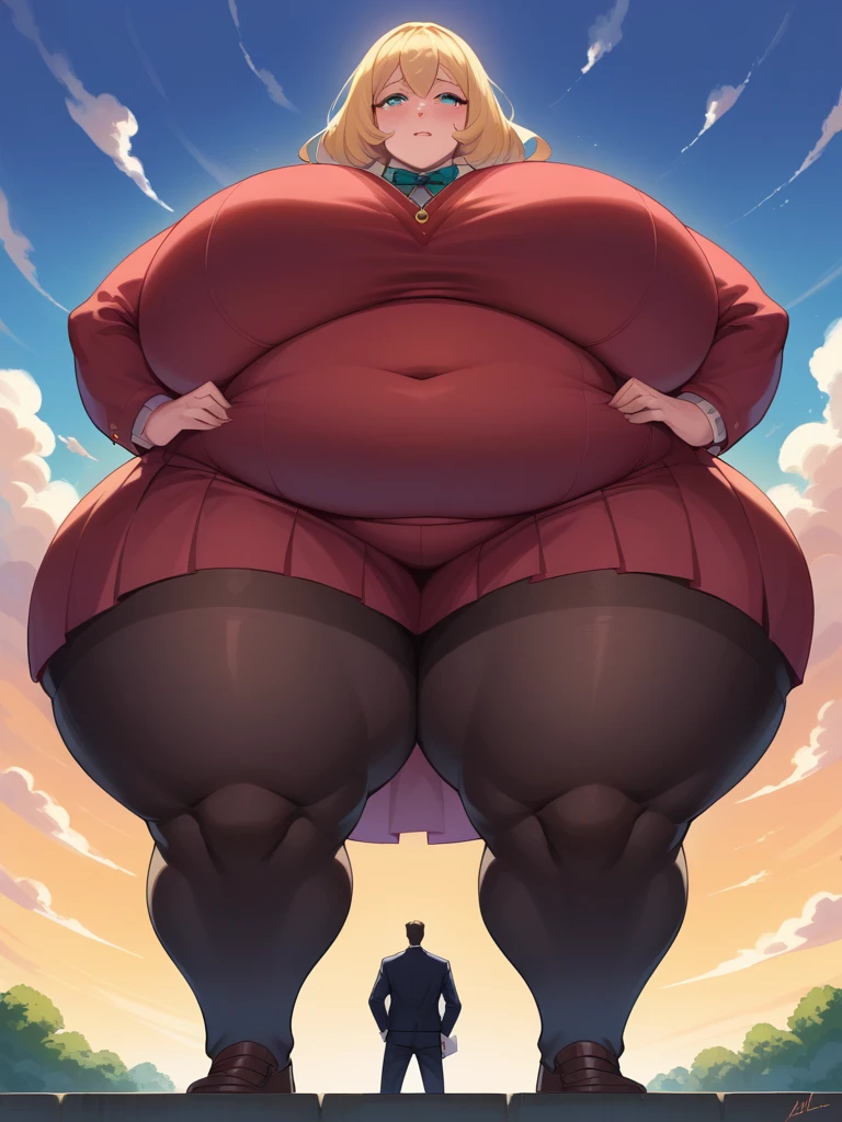score_9, score_8_superior, score_7_superior, score_6_superior, sauce_anime, Low - Angle, From below, One girl, 1人のmaleの子, duo, big_female, small_male, size_difference, Are standing, Look down, obesity, break, Blonde, high school girl, Huge breasts, Huge Ass, massive legs, Huge body, Giant