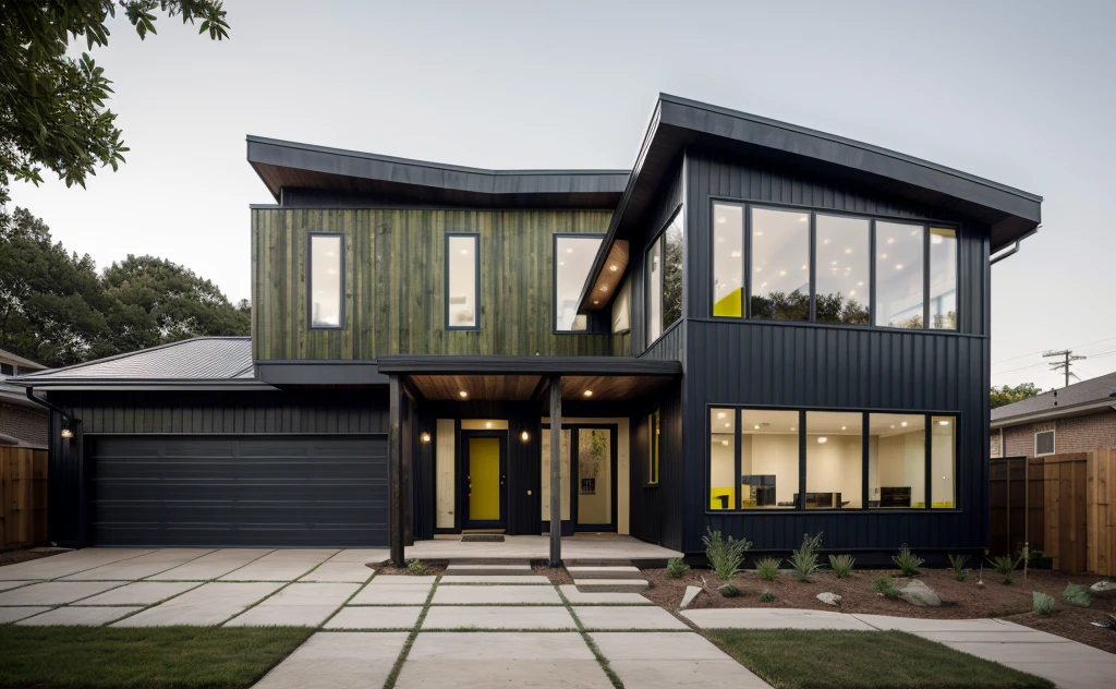 house exterior industry style, dark yellow and green color scheme, like an oldtime industry factory,raw materials, exposed structural elements, and simple, clean lines,rough-hewn steel, polished concrete, glass, and exposured brick,