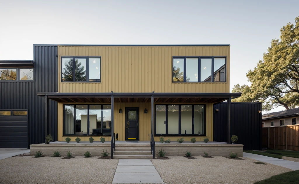 house exterior industry style, dark yellow and green color scheme, like an oldtime industry factory,raw materials, exposed structural elements, and simple, clean lines,rough-hewn steel, polished concrete, glass, and exposured brick,