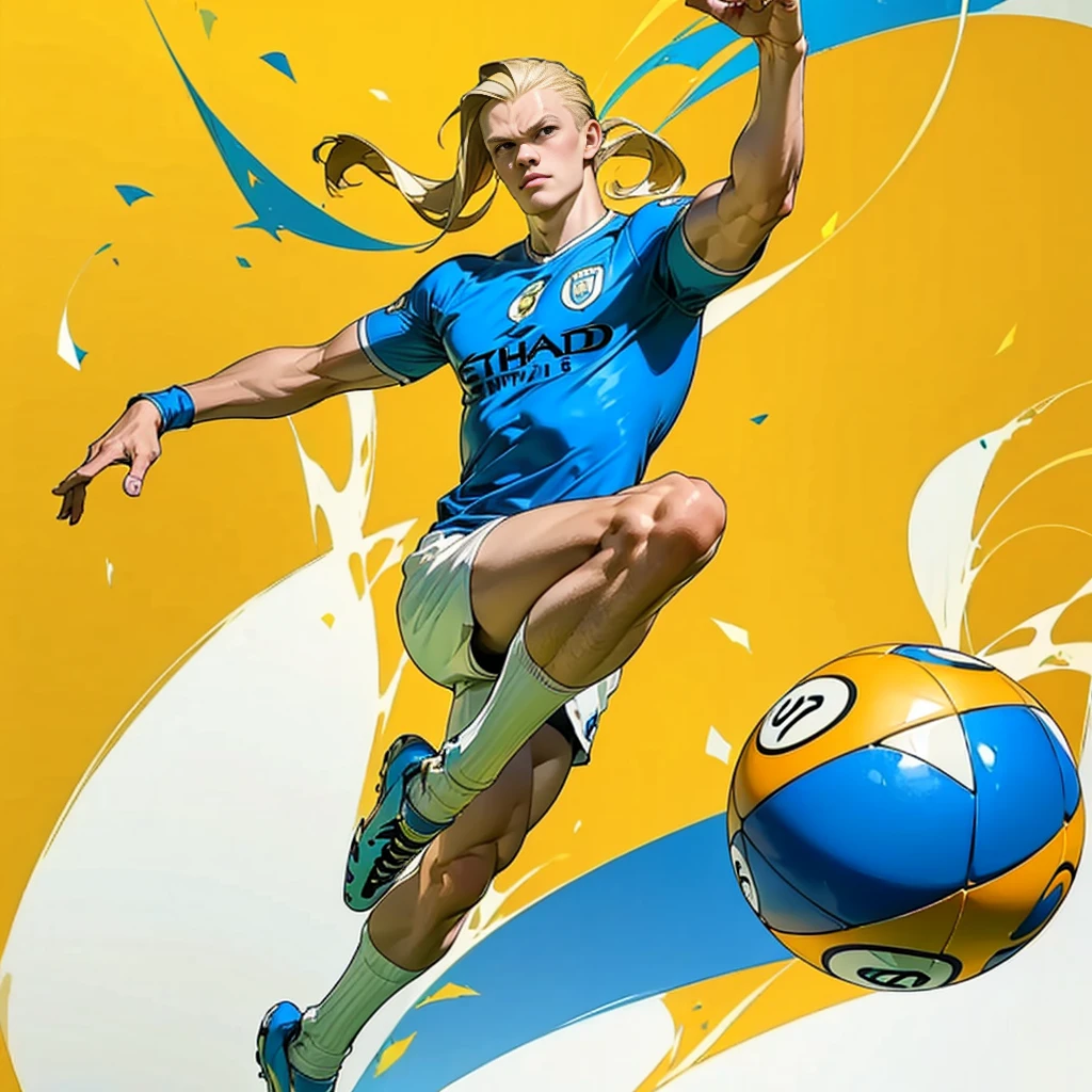 Random evolution, (1man), (full body version), tall man, muscle, Masculine, (his face scowls), albino skins, sport, football player, 1ball, (Blonde colored hair, Long Straight hairstyle, narrow eyes, hazel eyes), Manchester City blue t-shirt, White shorts, white socks, Grassroots, There's a ball, ((his pose is bicycle kick)), (((his foot right are on fire))), (((His right leg was burned))), (full background, football stadium background)