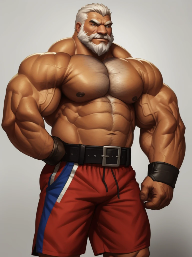 solo, 1boy, Huge Muscular Old man wearing boxing belt , pectoral, thick arms, huge pectoral, wide pectoral, short white hair, short pants and shirtless, bearded, simple background, masterpiece, semirealistic:1.2, high detailed, 8k, high resolution