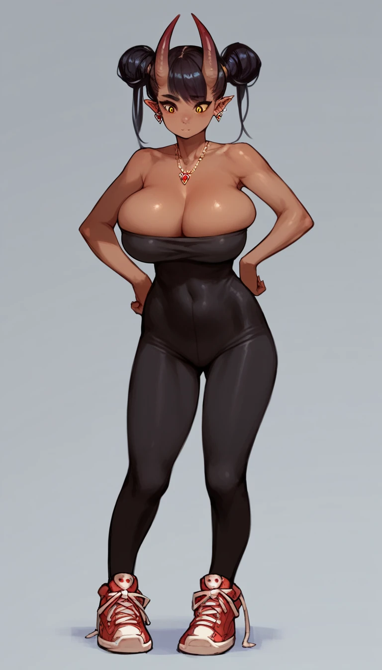 score_9, score_8_up, score_7_up, score_7, Expressiveh,best quality, masterpiece, ultra high resolution,
(demon girl:1.35), ((tomgirl)), solo, ((skinny, thin, tiny, cute), (large breast, large bust:1.5)), girl, _, jewelry, necklace, earrings, shoes, full_body, long hair, sneakers, hair buns, horns, horny, ((hands_on_hips)), standing, dark_skin, dark-skinned_female, black_hair, leggings, bodysuit, strapless