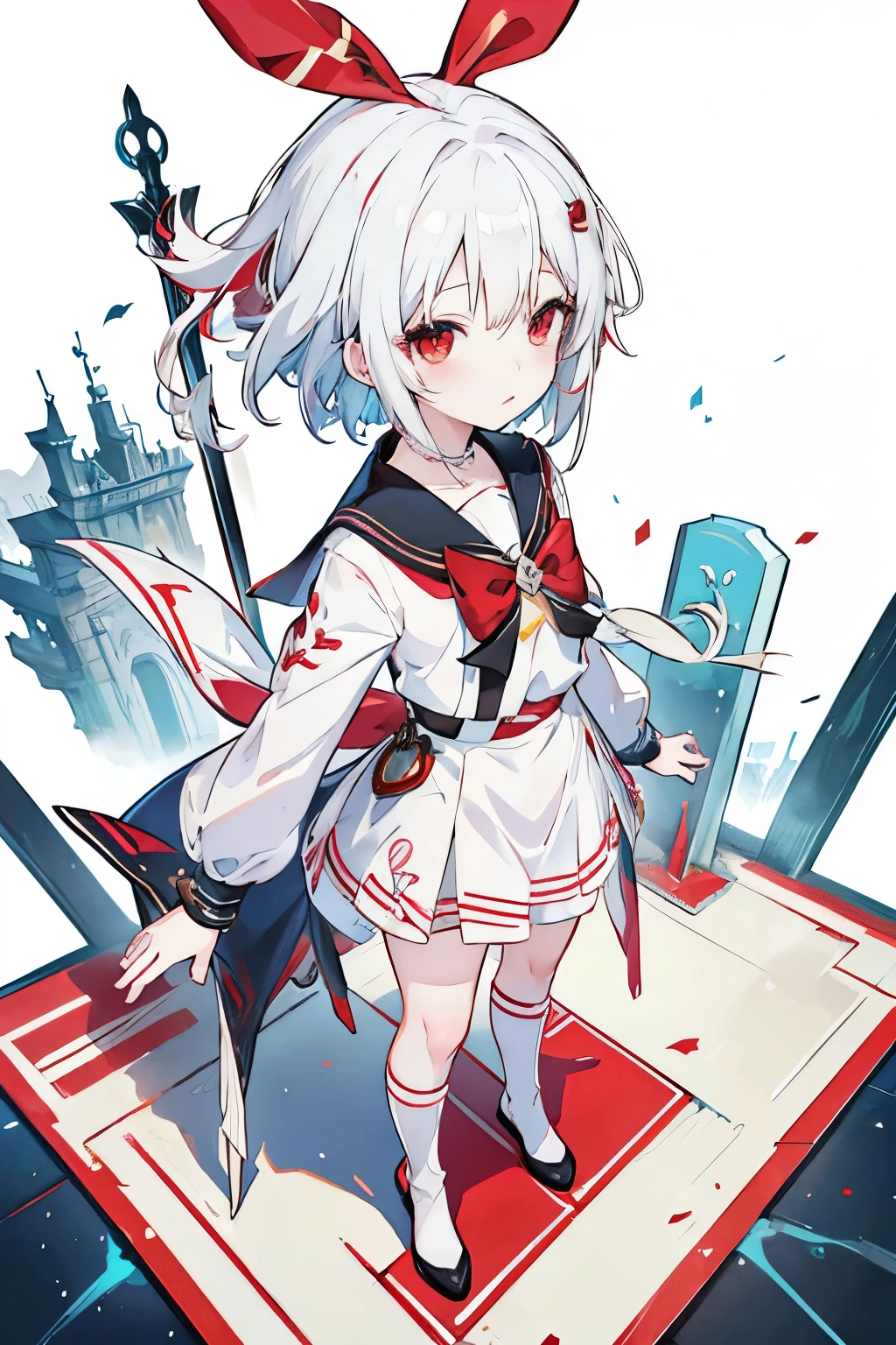 アニメの女の子 with white hair and red bow sitting on the ground, Sailor dress, Cute girl anime visuals, young anime girl,  pretty anime girl, White Hair Girl,  White background、Full-body portrait、Black boots、Red Eyearine color dress、Knee-high socks、whiteback、Standing girl,Stand Up、Standing girl