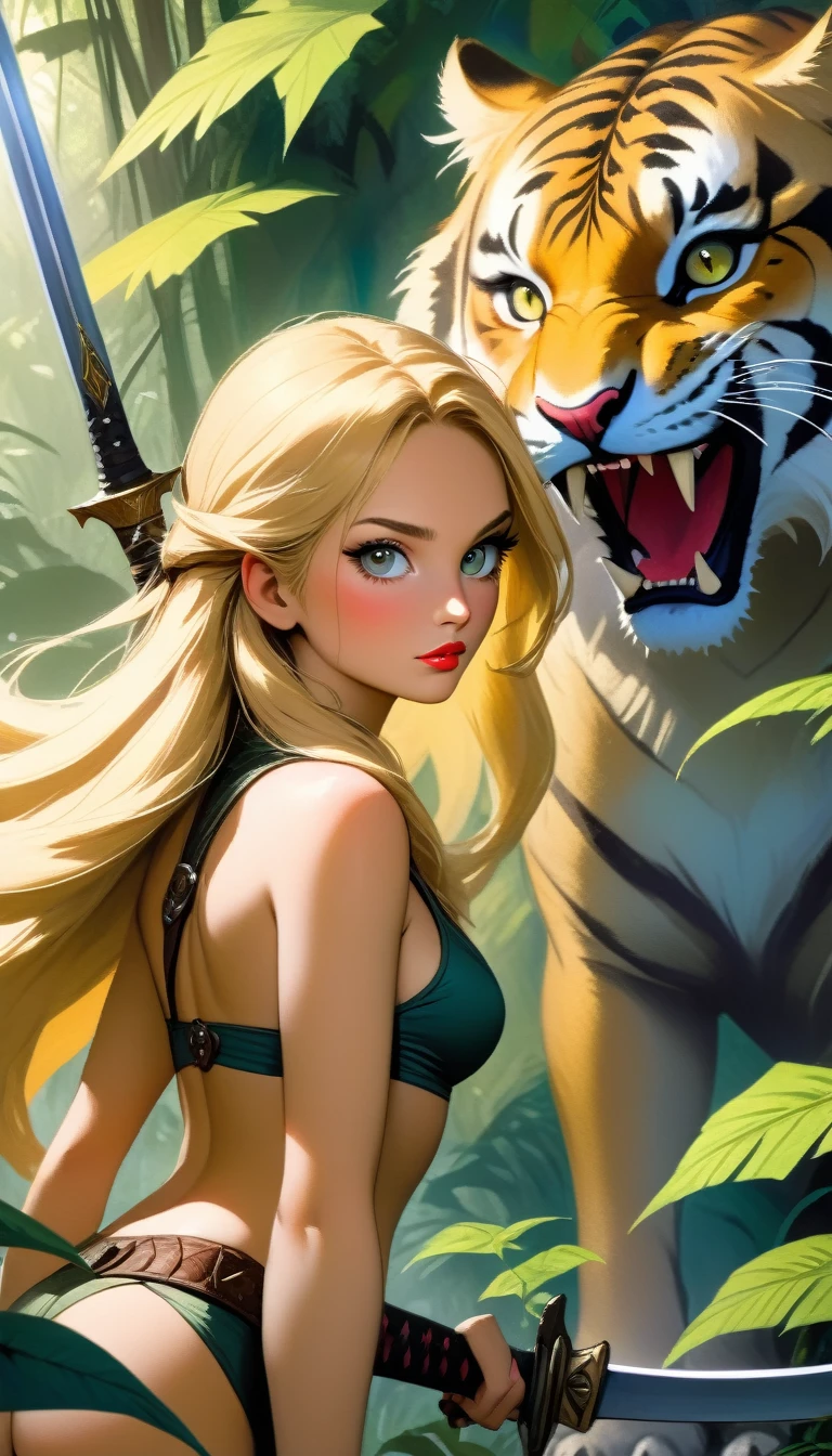 a long-haired blonde girl, beautiful detailed eyes, beautiful detailed lips, extremely detailed face, longeyelashes, half-naked, holding a sword, with a large saber-toothed tiger as a pet, in a lush jungle environment, oil painting, best quality, 8k, ultra-detailed, realistic, photorealistic, photo-realistic:1.37, vivid colors, studio lighting, physically-based rendering, extreme detail description, Bill Sienkiewicz art style
