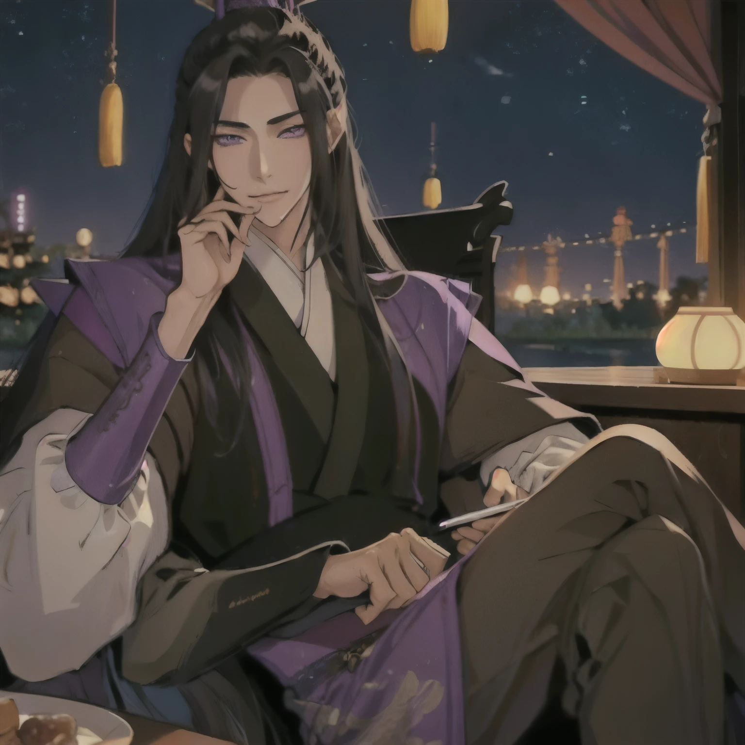 (masterpiece, best quality:1.2), 1male, solo, jiang cheng, mo dao zu shi, mdzs, purple and black clothes, purple eyes, long black hair, perfect anatomy, smile, sitting chinese room