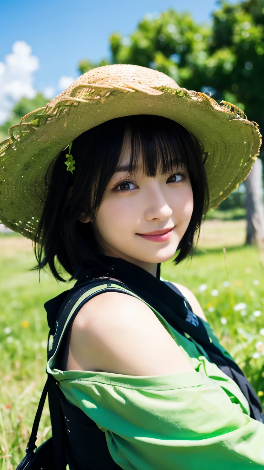 (Highest quality,masterpiece:1.3,Ultra-high resolution),(Very detailed,Caustics,8K),(Realistic:1.4,RAW shooting),18-year-old,cute,Japanese,Straw hat,Black hair medium hair,(one piece),(smile),Looking into the camera,blue sky,sun,(Top of the Hill),(Tall green grassland:1.1),(Sit on the grass),(Ground Level Shot:1.1),(Waist up shot),(Low position:1.1),(Low Angle:1.1),Natural light