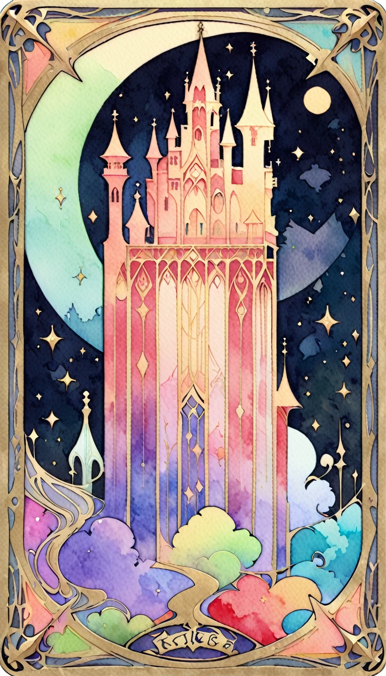 a flat nouveau card, flat colors, colorful palette, watercolor palette, castle, card, swords, composed, filligree, border, tiled border, custom tile patterns, corner patterns,