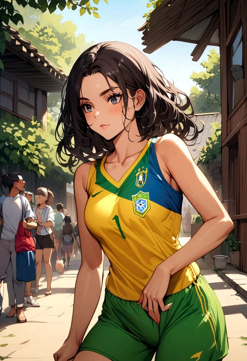 A brazilian girl, wearing a soccer trickot