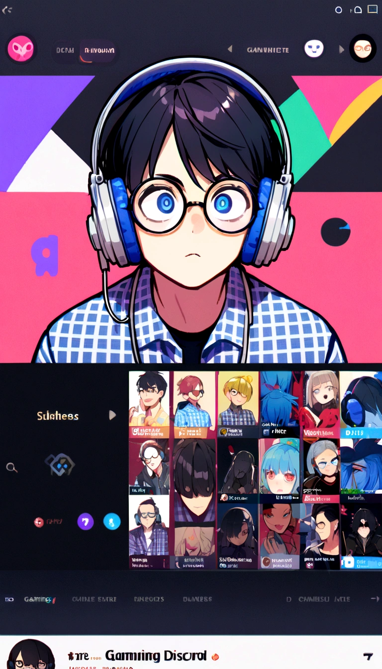 boy with round glasses and tall, wearing a blue check shirt, black hair, gaming, background with Discord website, headphones