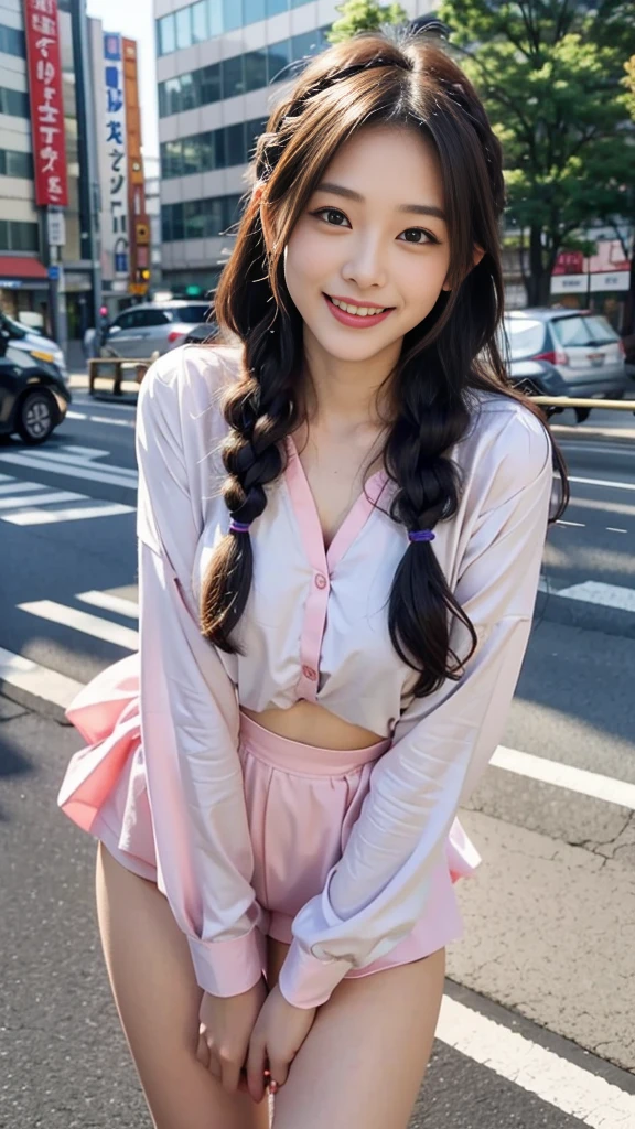 Raw photo、Ultra-realistic、Ultra detailed face、Detail lips、Detailed eyes、High school girl smiling showing her teeth、Long Hair:1.1、chest、Visible curves、Laughing with your mouth open 、Tokyo city角、 Whole body、( Slender body)、(Long Hair)、Big Breasts、Idol、(pastel colour)、18-year-old、Small face、Braid、 Tokyo city、Long beautiful legs 1.2、Curved waist、flower、uniform、blouse、Wide forehead