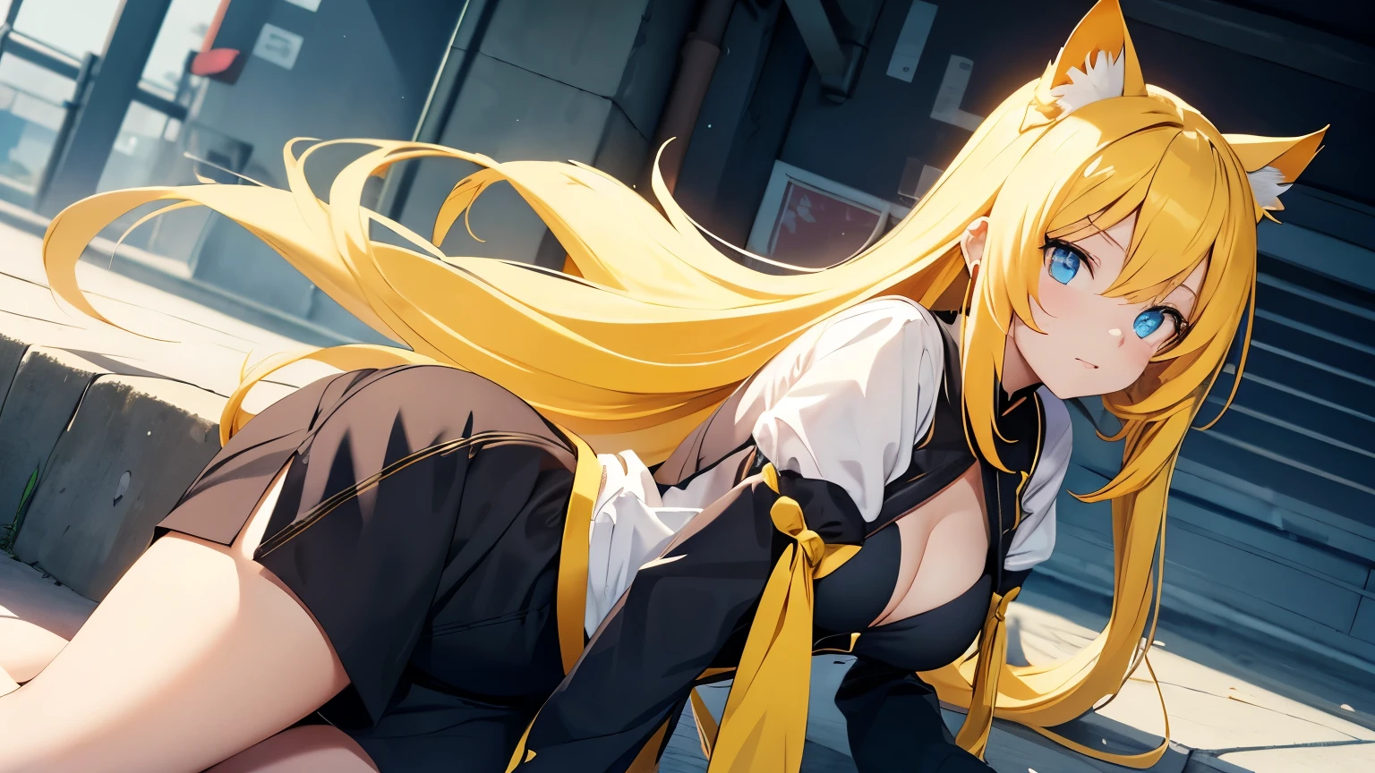 Anime cat girl with yellow ears, long yellow hair, blue eyes is staring.