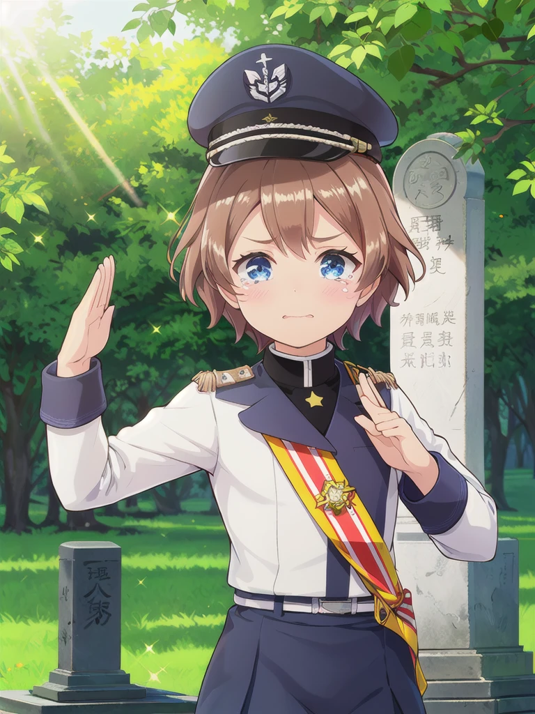 Highest quality,masterpiece,12 years old,serious,(Close your mouth),blue eyes,Outdoor,Grave,Graveの前,Are standing,Lens flare,Flower storm,Upper Body, 顔 focus,Brown Hair, short hair, Navy uniform,, (Raise one hand,45 degree salute),Medal on chest,Navy uniform cap,tears