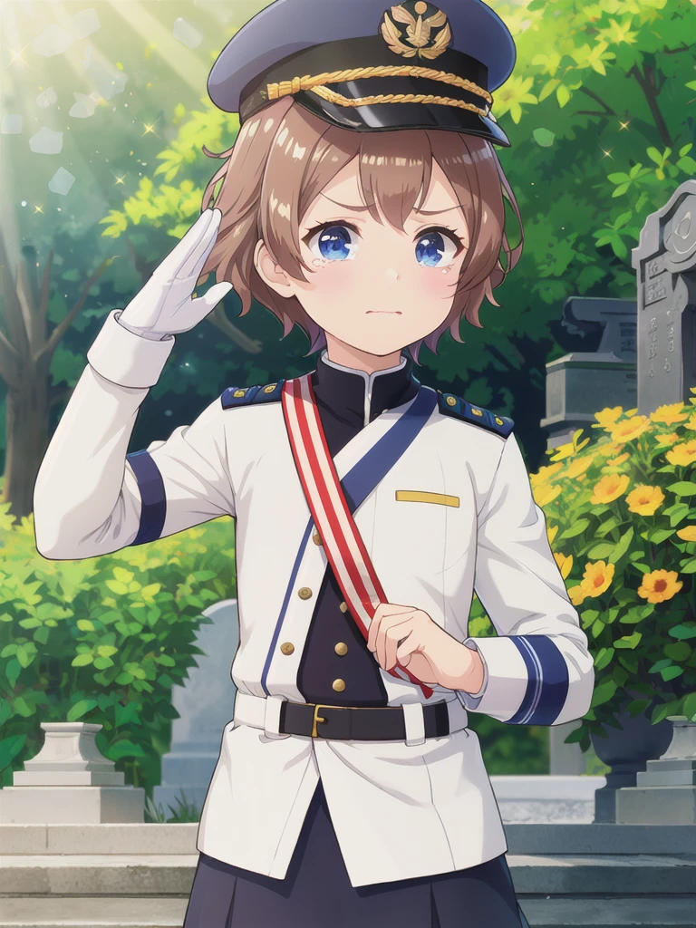 Highest quality,masterpiece,12 years old,serious,(Close your mouth),blue eyes,Outdoor,Grave,Graveの前,Are standing,Lens flare,Flower storm,Upper Body, 顔 focus,Brown Hair, short hair, Navy uniform,, (Raise one hand,45 degree salute),Medal on chest,Navy uniform cap,tears 