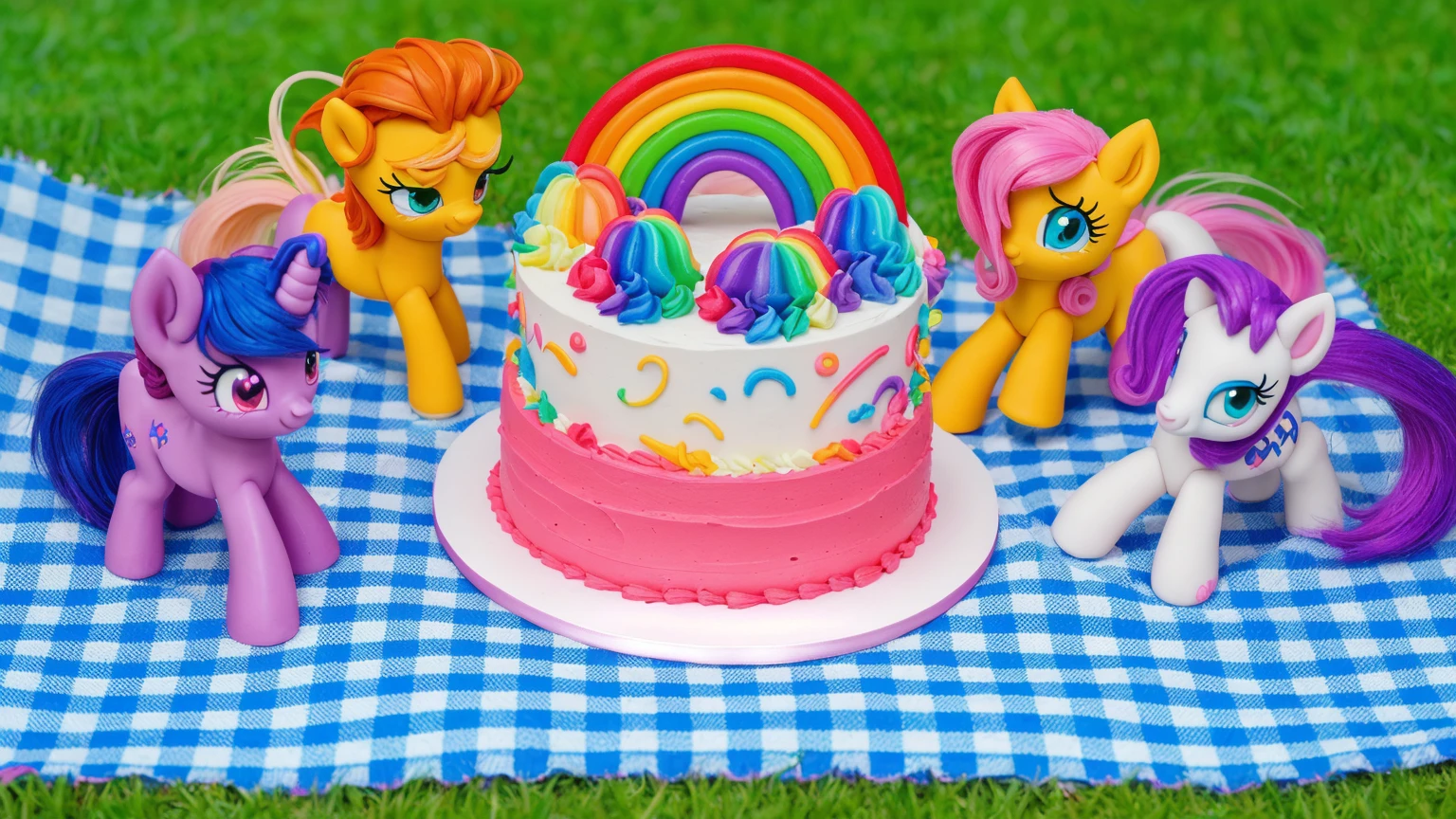 on the grass, on a pink checkered tablecloth. there is a white plate with cake, white and pink cream cake, Rainbow confectionery powder on the cake, top rainbow gradient cream, polymer clay rainbow, рядом стоят пластиковые pony toys из мультфильма My Little Pony, pony toys, beautiful light, sunlight, sunny day, beautiful lighting, bright announcement, several light sources, Realistic style, realistic textures, high quality, high detail, detailed texture, ultra 4k hd