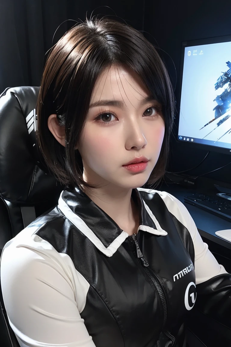 masterpiece, Best quality, ultra detailed, realistic, Detailed Face, Detailed and realistic skin, perfect shiny skin, One male, young man, 25 years old, (Gradient black Hair), cinematic lighting, half body, sitting on gaming chair, front sided