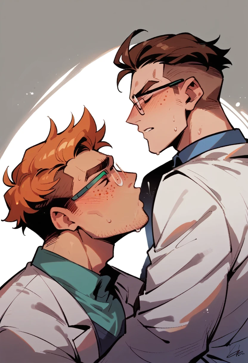 Handsome brown haired boy wearing glasses and a white  lab coat kissing a handsome ginger haired boy with freckles, in a science lab 