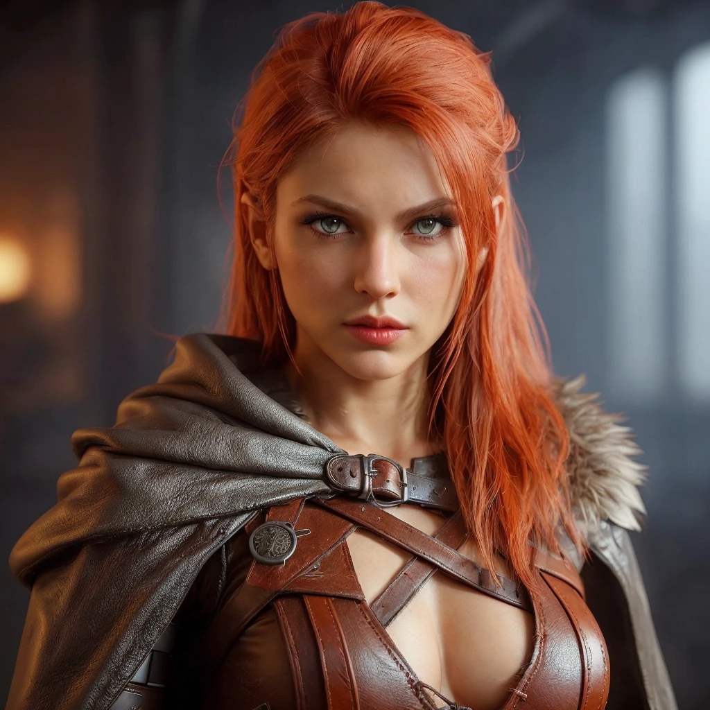 Make a hot female barbarian character, with attractive and discreet leather clothing