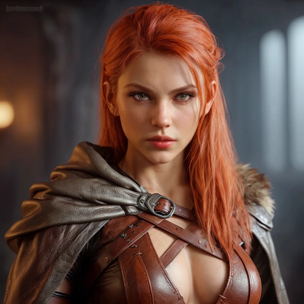 Make a hot female barbarian character, with attractive and discreet leather clothing 