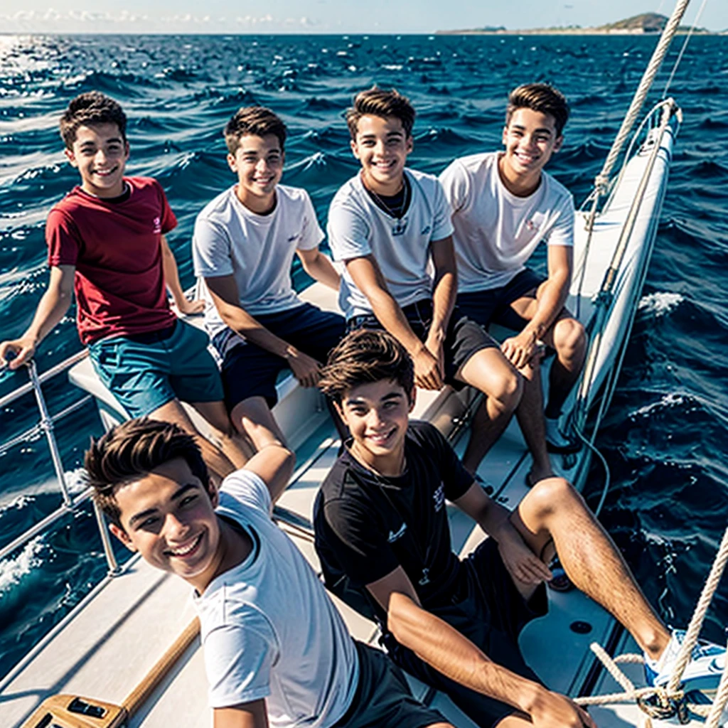 young males and females on a sailing boat, on the high seas, happy, you can glimpse the sailing and the sea with the boys intent on working on the sailing boat