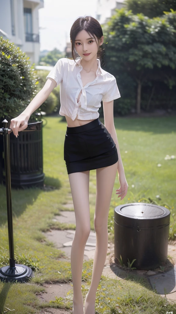 RAW, masterpiece, best quality, extremely detailed, 8k, HDR, photorealistic, intricate, (A skinny Korean girl), (black straight hair), (extremely-slim body), (narrow and small hips:1.3), (pale-porcelain skin), smile, standing, outdoors, wearing a (fully buttoned down short sleeves shirt), and (black extremely-short microskirt:1.5), (close-up picture)