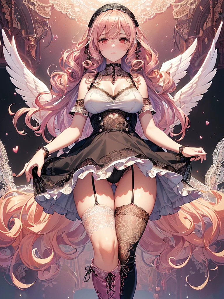 ((Highest quality)),(Ultra-high resolution),(Very detailed),(Detailed Description),((The best CG)),(A masterpiece),Ultra-detailed art,Amazing painting art,(Works with precise details:1.5), (1 female:1.6),(Beautiful and well-proportioned face:1.5),(Curly Hair:1.6),(Intricately detailed lace dress:1.8),Fine jewellery with exquisite detailing:1.5,Waist Accessories:1.5,Look at me and smile:1.5, See-through nipples, Angel Girl, (Magnificent white angel wings on his back:1.2), Mature Woman,Descended into the church,(Pastel colored hair:1.3),(Red and black long high heel boots:1.4), (garter belt), (stockings)、 (Floating in the sky with magical powers:1.2),(Floating skirt:1.5), (Embarrassed expression, blush:1.2),(bracelet),(heart choker)