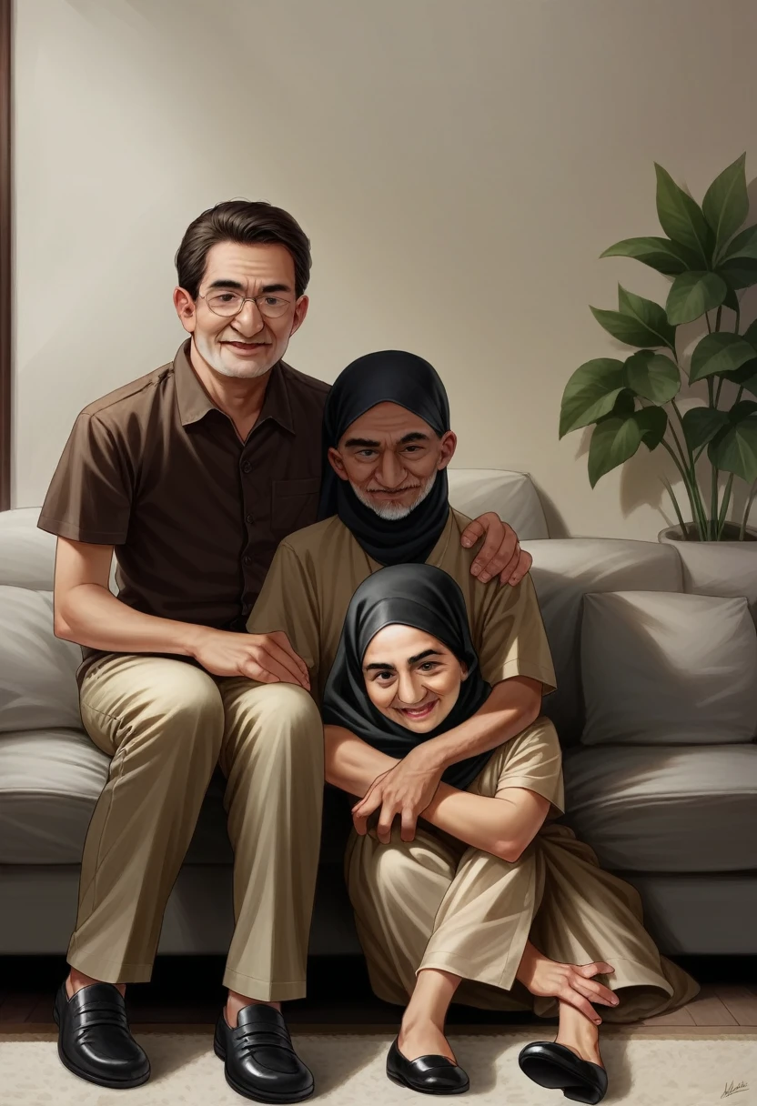 Indonesian family photo, 40 year old man, wearing khaki earth brown uniform, short sleeves, wearing pants the same color as his shirt, wearing black shoes, 38 year old woman, wearing golden red kebaya and hijab, a 15 year old young man and a 14 year old woman, wearing muslim clothes, sitting in the middle, sitting pose on the sofa, hugging each other, luxury living room background, detailed, realistic, ultra HD, 8k, white light