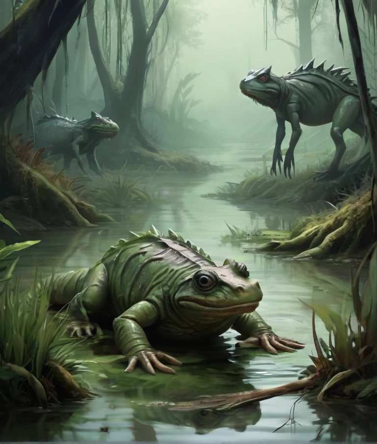 Unidentified creatures in the swamp。Keep your background realistic。