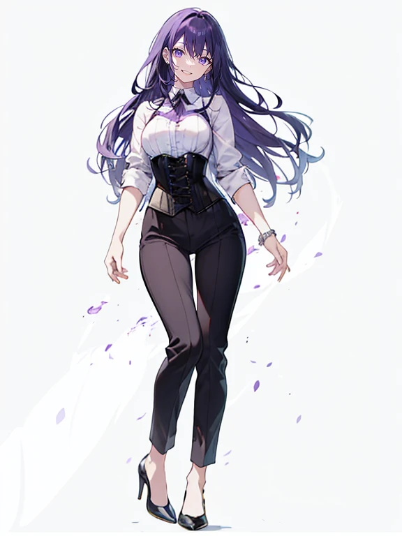 purple,long hair,woman,Shirt with rolled up sleeves,(corset),pants,high heels,Simple white background,smile,whole body,full body,full body,Standing picture,vtuber,upright,,Standing upright with face and body facing forward,