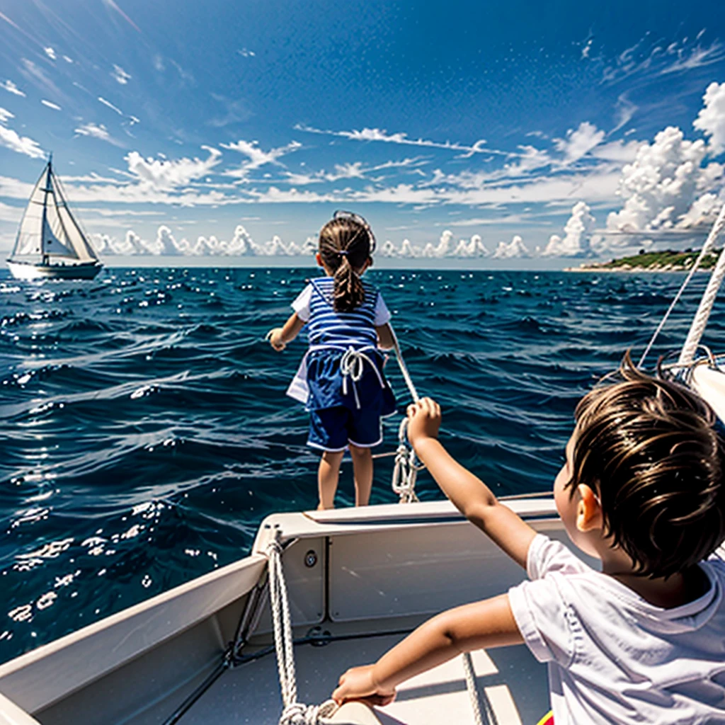Children on a sailing boat, on the high seas, happy children, you can glimpse the sailing and the sea with the kids intent on working on the sailing boat