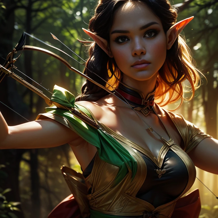 ((hunting_Aiming for prey_Readying a bow and arrow_Fairy_Shooter:1.9))、Blonde medium hair、Big Breasts、Tight waist、Big Ass、Ideal ratio、Oily skin details、(Wearing something that is too revealing, Beautiful and delicate costume:1.6)、Carrying a quiver、(Highest quality、4K、8K、High resolution、masterpiece:1.2)、Very detailed、(Genuine、Realistic、Realistic:1.37)、詳細なFairy、Great lighting、green々leaf、Magical atmosphere、Dramatic Shadows、Beautiful night forest scenery in vibrant colors