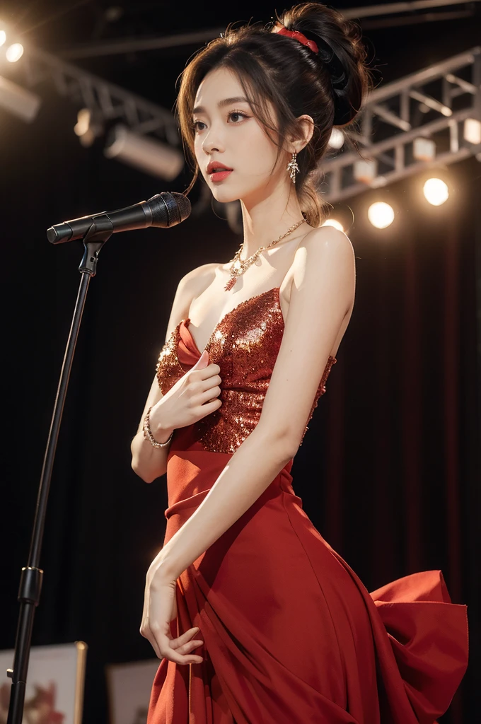 Japanese female, (underweight), (flat chest best quality:1.5), 30 years old, (cheerful grin:1.1),
jazz bar, jazz singer, standing, wavy hair, (red dress), singing, with a microphone, Japanese, (full body shot:1.3), (low angle shot), soft lighting, (spot lighting:1.4)
