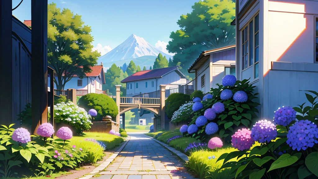 (ultra high res,photorealistic,best quality,photo-realistic),(8k,raw photo,best quality,masterplece),(photon mapping,radiosity,physically-based rendering,automatic white balance),real person,photograph,bridge, building, bush, city, cloud, day, door, fence, field,orest, garden, grass, house, hydrangea, mountain, nature, no_humans, outdoors, path, plant, potted_plant, purple_flower, road, scenery, sky, skyscraper, traditional_media, tree,
