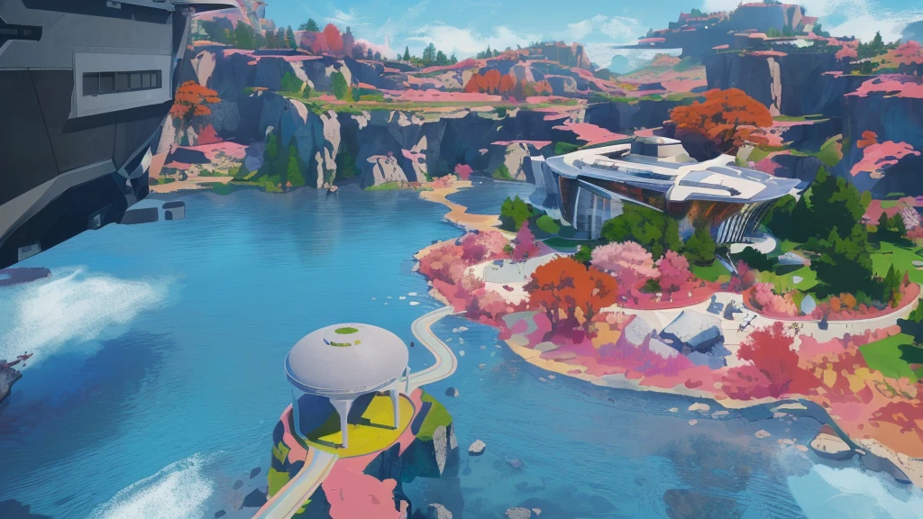 A modern park，There is a circle of rocks around，There is green grass on it，And pink fantasy grass，There is a clear lake in the center，Modern style building，Surrounded by fantasy-style trees and plants。Realistic style，Colorful concept art,, Digital concept art, environment, environment设计插图，masterpiece, best quality, (Extremely detailed CG unity 8k wallpaper), (best quality), (Best Illustration Award), (The best shadow), absurd, Realistic lighting, (abyss), Beautiful and delicate light, Artworks by Peter Mohr Bacher,