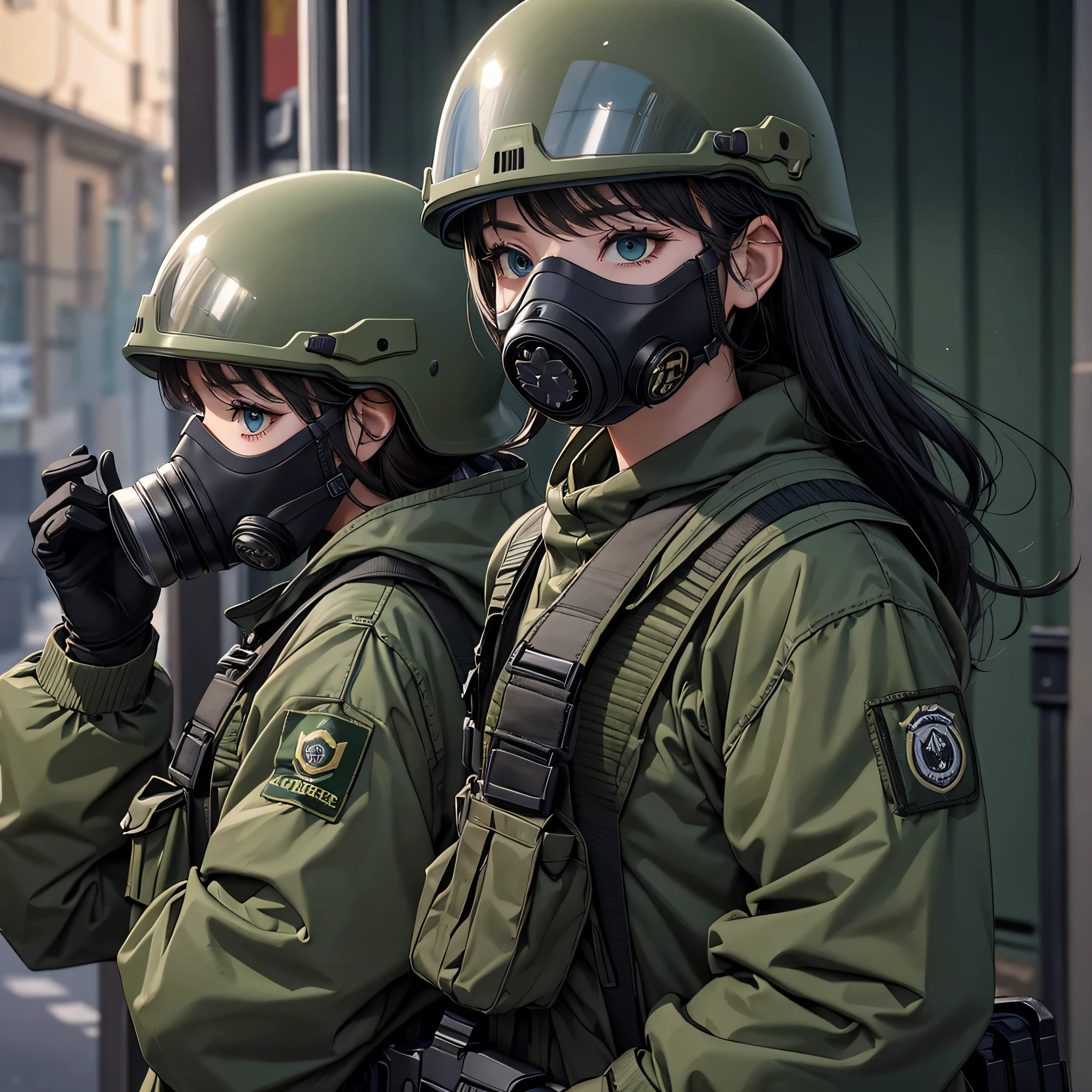 Female special forces wearing gas masks、Put on a helmet、Wear goggles、Dark green M51 military uniform,Narrow streets、Combat Shooting、Write details、masterpiece、best quality、Highly detailed CG、8K picture quality