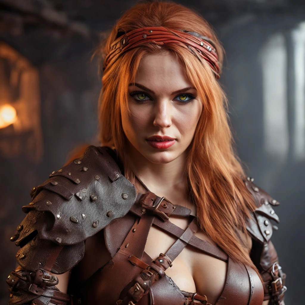 Make a hot female barbarian character, with attractive and discreet leather clothing 