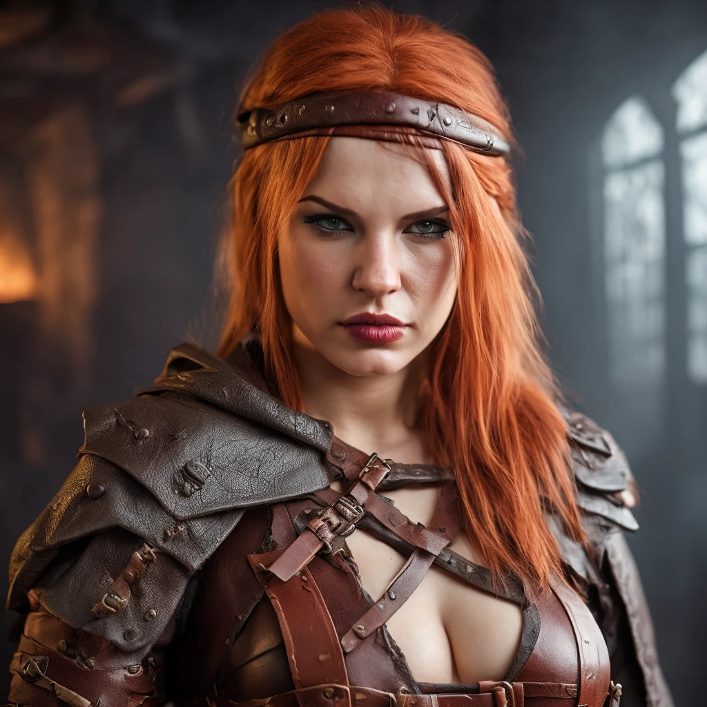 Make a hot female barbarian character, with attractive and discreet leather clothing