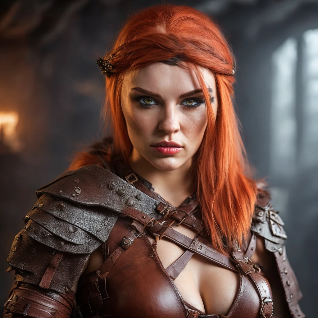 Make a hot female barbarian character, with attractive and discreet leather clothing