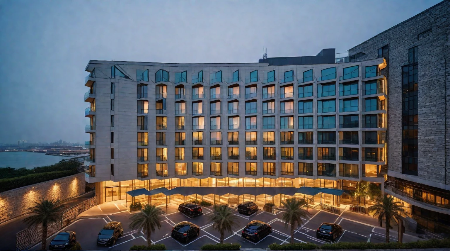exterior of highrise hotel building, contemporary style, inspired of Norman Forster, glass with steel frame facade, 5 stars hotel design, beautiful landscape, stone pavement,cars, RAW photo, 8k uhd, dslr, soft lighting, high quality, film grain, Fujifilm XT3,masterpiece,