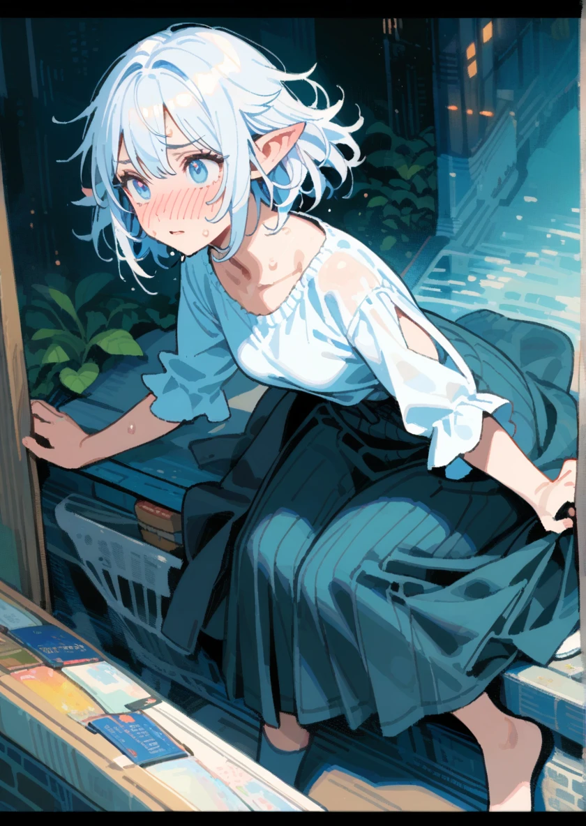 ishikeistyle, 1girl, solo, blush, short_hair, blue_eyes , white_hair, pointy_ears, hair_flaps, full-face blush, sweat, tegaki, full body,
masterpiece, best quality, very aesthetic, absurdres, cinematic still, highly detailed, high budget, cinemascope, moody, gorgeous,fenrys