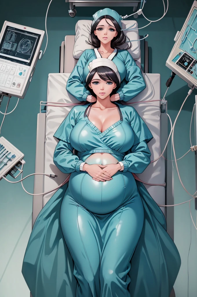 (give a score of 9_give a score of 8_give a score of 7)
Masterpiece, highest quality, best quality, view from top down,
in one hospital, 1 pregnant woman,approximately 38 years old, 9 months pregnant, surgical cap, the face looked pained, frown, close your eyes, lying on the operating table, lie on your back, Lying with arms spread out, spread your arms, on the operating bed, in the operating room, a blanket covered her large breasts, another blanket covered her long slender legs, close the chest, close the legs, open belly, show all your belly, Her pregnant belly was visible, Picture describing a cesarean section